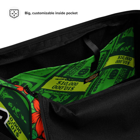Fashionable Duffle bag - crazy cash. Cool sport bag with Skull print. Athletic bag with flowers.