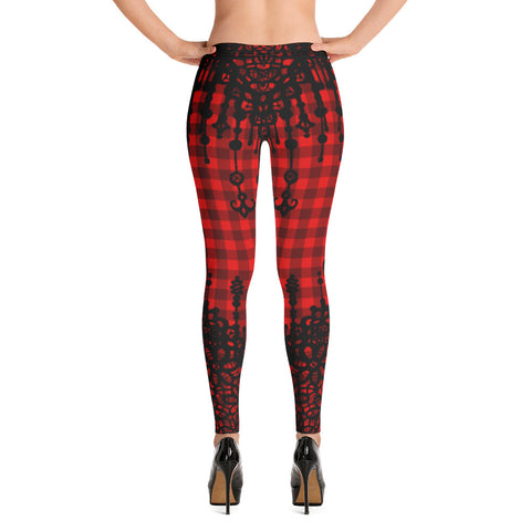 Designer sexy womens Leggings with black laces print. Fashionable red womens leggings with black laces pattern. Sexy leggings with tattoo print