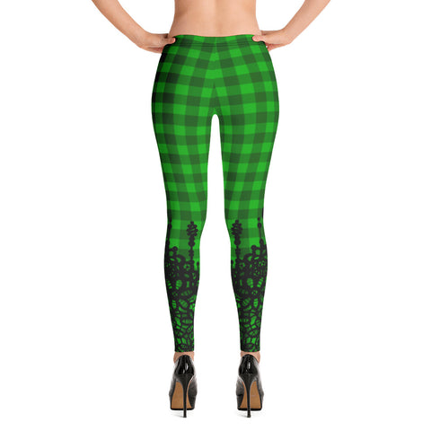 Designer sexy womens Leggings with black laces print. Fashionable womens leggings with black laces pattern. Green Sexy leggings on St.Patrick 's Day