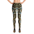 Japan smog. Designer womens Leggings with gold oil paint print. Fashionable olive womens leggings with unique old designer pattern