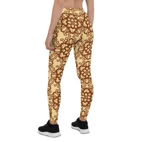 Fashionable womens Leggings with floral pattern. Beige womens leggings with flowers print. Beige womens leggings with brown flowers pattern