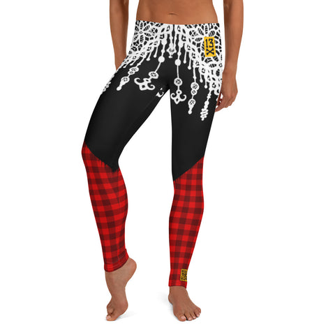 Designer womens Leggings with plaid pattern. Fashionable womens leggings with red plaid print
