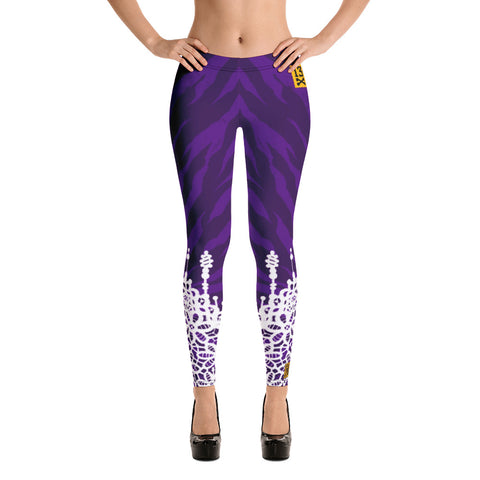 Designer womens leggings with animal print. Fashionable leggings with tiger stripes skin. Hype street wear. Purple womens leggings with animal pattern.