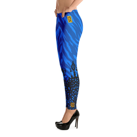 Designer womens leggings with animal print. Fashionable leggings with tiger stripes skin. Hype street wear. Blue womens leggings with animal pattern