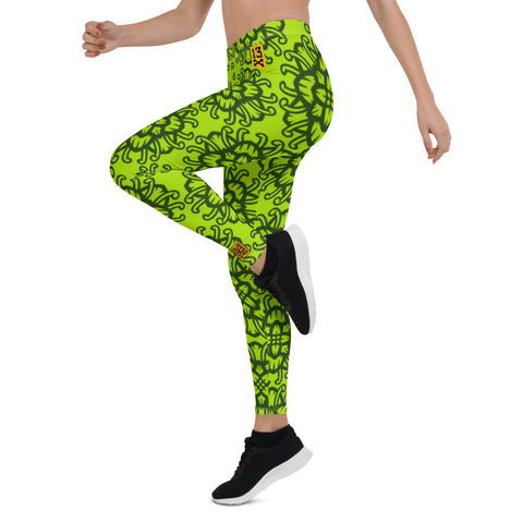 Fashionable womens Leggings with floral pattern. Trendy womens leggings with flowers print. Green womens leggings