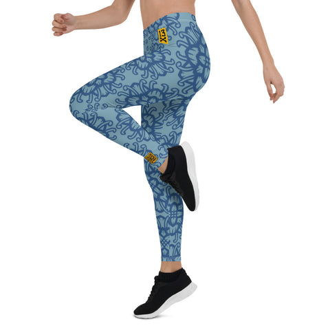 Fashionable womens Leggings with floral pattern. Trendy womens leggings with flowers print. Blue womens leggings