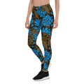 Fashionable black womens Leggings with floral pattern. Trendy womens leggings with blue flowers print. Awesome black womens leggings with blue flowers.