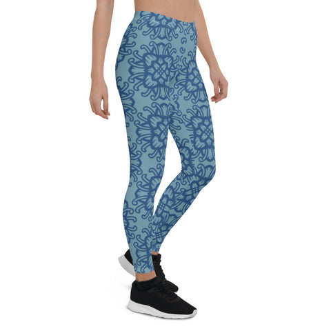 Fashionable womens Leggings with floral pattern. Trendy womens leggings with flowers print. Blue womens leggings