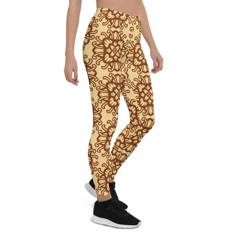Fashionable womens Leggings with floral pattern. Beige womens leggings with flowers print. Beige womens leggings with brown flowers pattern