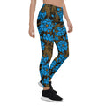 Fashionable black womens Leggings with floral pattern. Trendy womens leggings with blue flowers print. Awesome black womens leggings with blue flowers.