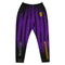 Mens purple Joggers with black lines. Mens black striped joggers. Fashionable mens pants with strips
