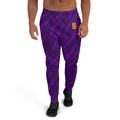 Mens  purple Joggers with tiger skin pattern. Mens red joggers. Fashionable mens pants with purple tiger stripes print.