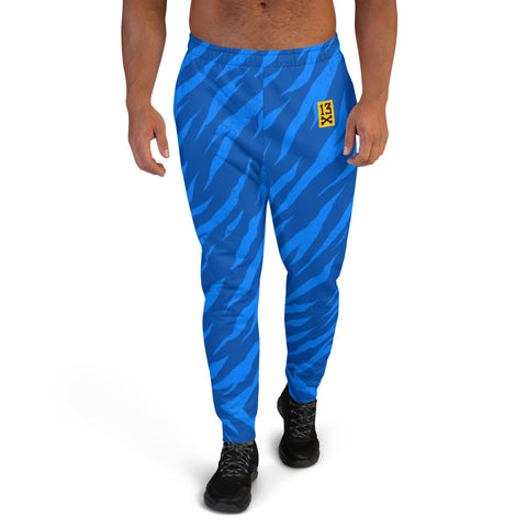 Mens blue Joggers with tiger skin pattern. Mens blue joggers. Fashionable mens pants with blue tiger stripes print.