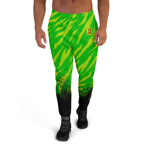 Mens green Joggers with tiger skin pattern. Mens green joggers. Fashionable mens pants with green tiger stripes print.