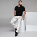 Mens white Joggers with tiger skin pattern. Mens white joggers. Fashionable mens pants with white tiger stripes print.