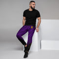 Mens purple Joggers with tiger skin pattern. Mens purple joggers. Fashionable mens pants with purple tiger stripes print.