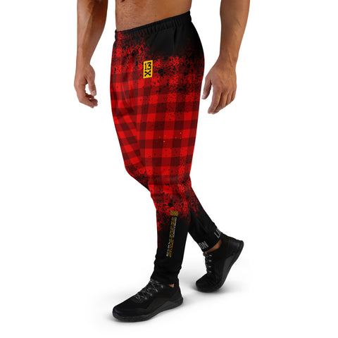 Red Mens Joggers with plaid pattern. Mens red joggers. Fashionable mens pants with plaid print.