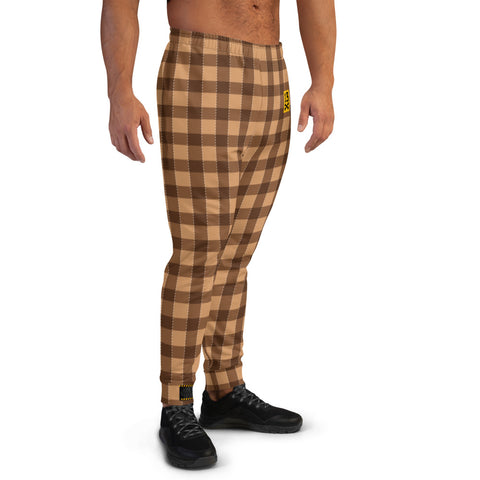 Mens cappuccino Joggers with plaid pattern. Mens brown joggers. Fashionable mens pants with cappuccino plaid print.