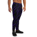 Mens Joggers with tiger skin pattern. Mens dark purple joggers. Fashionable mens pants with purple tiger stripes print.