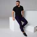Mens Joggers with tiger skin pattern. Mens dark purple joggers. Fashionable mens pants with purple tiger stripes print.