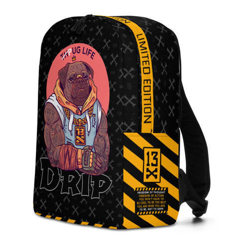 Designer Drip Backpack with brutal tattooed pug. Gym backpack with tattooed bodybilder pug. Cool swag gift for boyfriend or girlfriend. Swag backpack - real street wear behind your back.