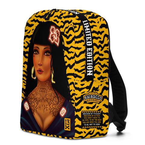 Waterproof laptop Backpack with sexy swag girl. Drippy Yellow Backpack. Designer backpack with tattooed girl