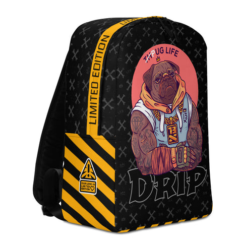 Designer Drip Backpack with brutal tattooed pug. Gym backpack with tattooed bodybilder pug. Cool swag gift for boyfriend or girlfriend. Swag backpack - real street wear behind your back.