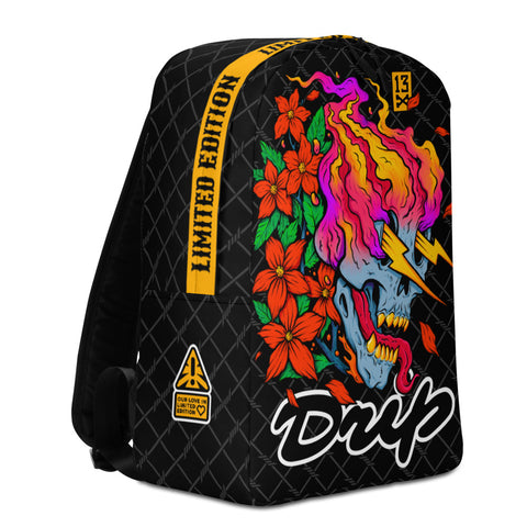 Awesome Drip Backpack with skull in flowers. Designer Backpack with skull print. Cool swag gift for boyfriend or girlfriend. Swag black backpack