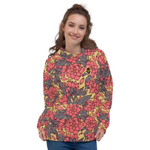 Womens Hoodie with an uniquely designed floral print. Unique designed hoodies with pink flowers pattern.