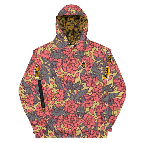 Womens Hoodie with an uniquely designed floral print. Unique designed hoodies with pink flowers pattern.