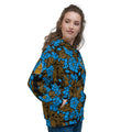 Womens Hoodie with an uniquely designed floral print. Unique designed hoodies with blue flowers.